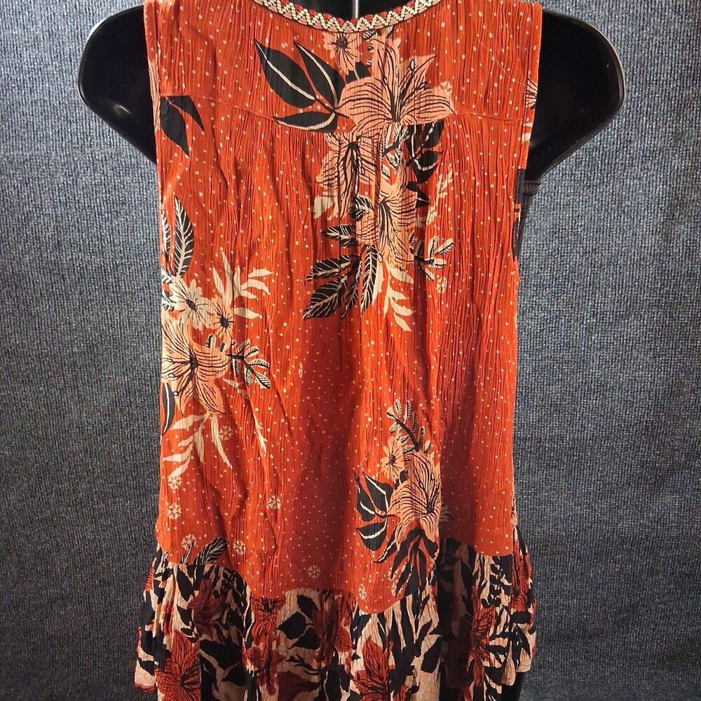 Patrons of Peace S Orange Boho Floral Embroidered V-Neck Peplum Sleeveless Top - Picture 7 of 7